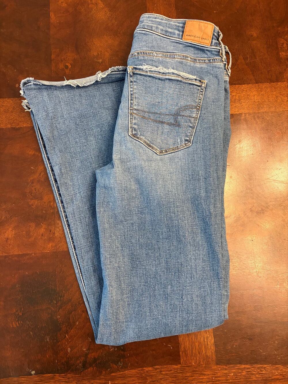 American Eagle Stretch Flare Jeans Size 2 Light Wash Distressed Raw Hem